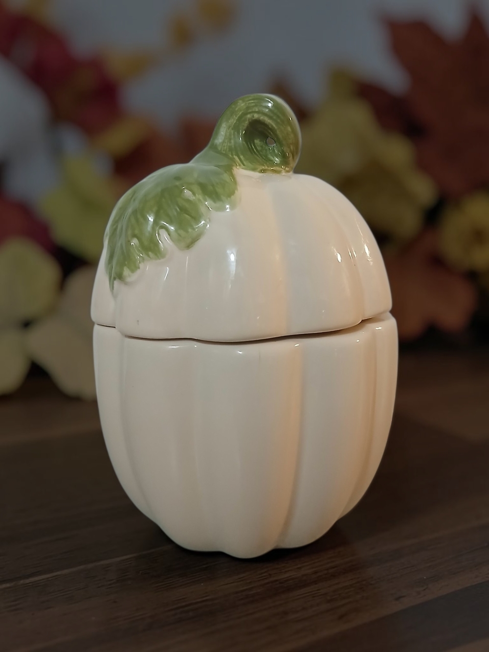 Ceramic White Pumpkin Candle with Green Stem